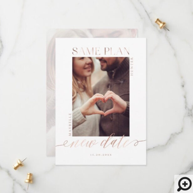 Same Plan New Date | Rose Gold Script Two Photo White Save The Date