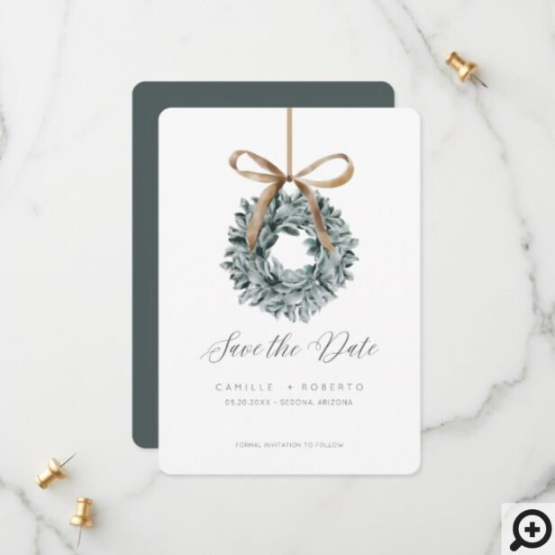 Watercolor Sage Green Lambs Ear Wreath & Bow Save The Date