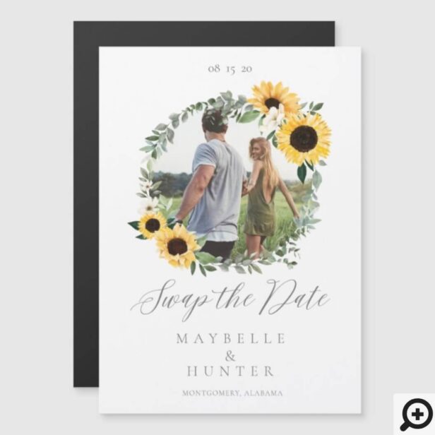 Watercolor Sunflower Photo Wreath Save The Date Magnetic Card