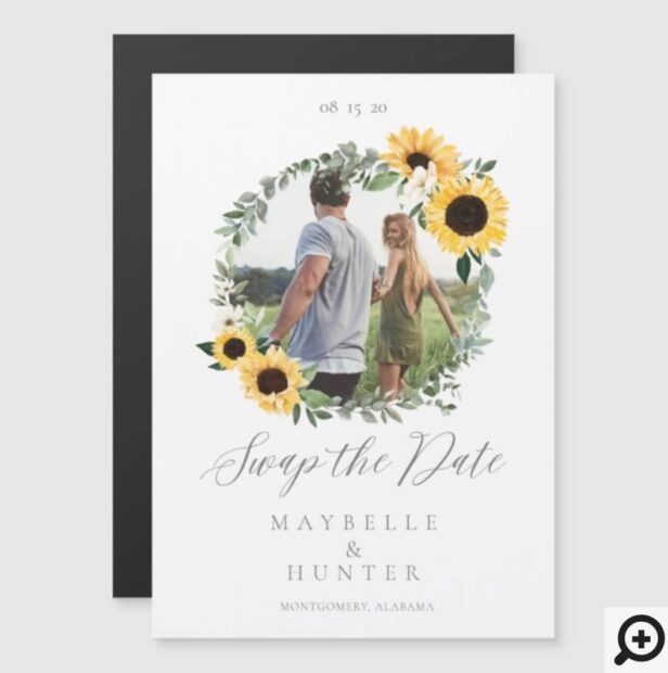 Watercolor Sunflower Photo Wreath Save The Date Magnetic Card