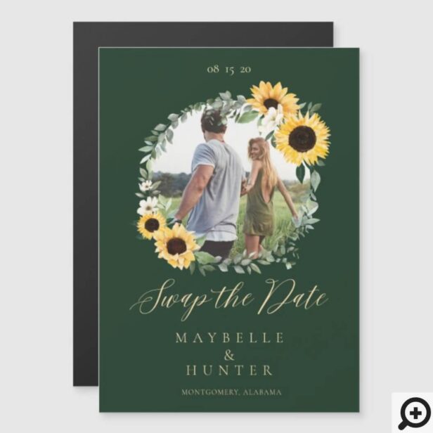 Watercolor Sunflower Photo Wreath Save The Dates Forest Green