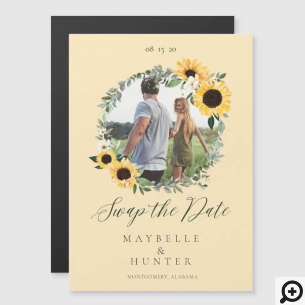 Watercolor Sunflower Photo Wreath Save The Dates Pale Yellow