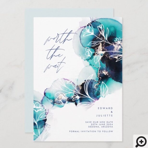 Worth The Wait Watercolor Agate Aqua Ink Floral Save The Date