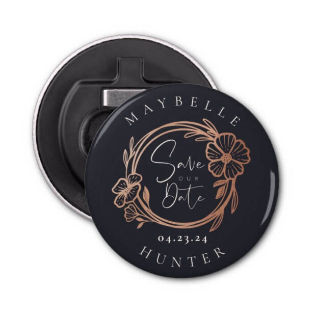 Boho Floral Rose Photo Circle Navy Save The Date Bottle Opener