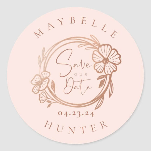 Boho Floral Rose Photo Circle White Save The Date Classic Round Sticker Blush Pink