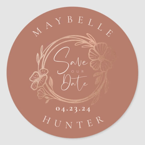 Boho Floral Rose Photo Circle Save The Date Terracotta Classic Round Sticker