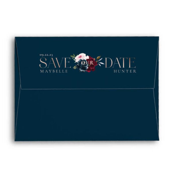 Burgundy & Navy Watercolor Florals Save The Date Navy Envelope