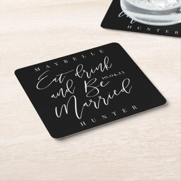Eat Drink & Be Married Calligraphy Save The Date Blush Black Square Paper Coaster