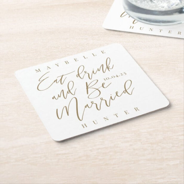 Eat Drink & Be Married Calligraphy Save The Date Blush White Square Paper Coaster
