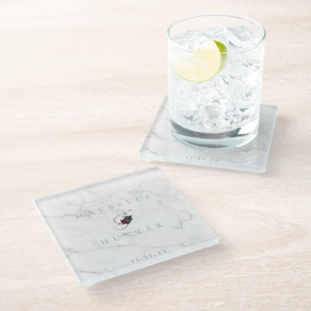 Elegant Chic White Marble & Florals Save the Date Glass Coaster