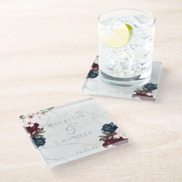 Elegant Marble & Watercolor Florals Save the Date Glass Coaster