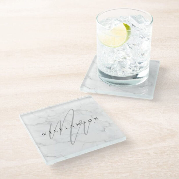 Elegant Minimal White Marble Mr. Script Custom Glass Coaster