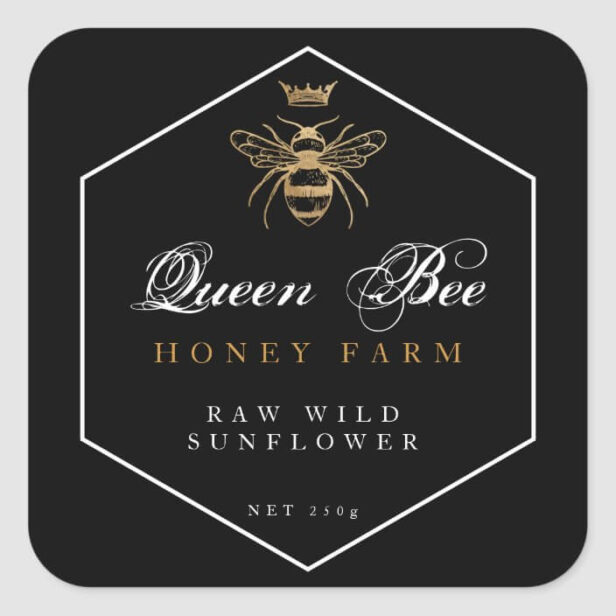 Elegant Vintage Honey Queen Bee Black & Gold Jar Square Sticker