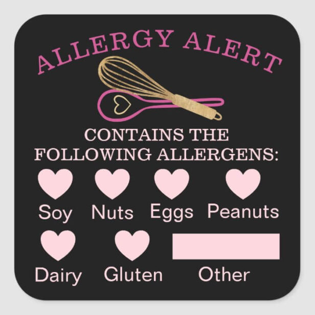Food Safety Allergy Alert Bakery Whisk & Spoon Square Sticker Black Pink & Gold