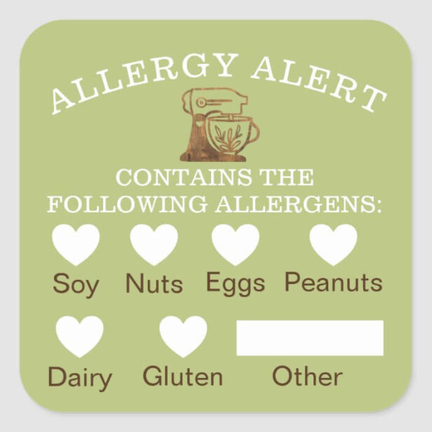 Food Safety Allergy Alert Bakery Wooden Stand Mixer Green Square Sticker