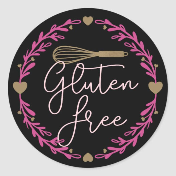 Gluten Free Bakery Whisk & Wreath Black & Pink Classic Round Sticker