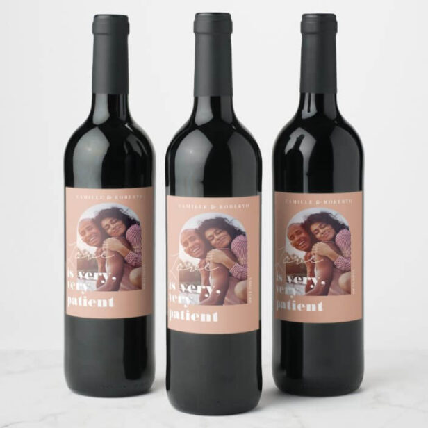 Love is Patient Geometric Blush Couple's Photo Wine Label