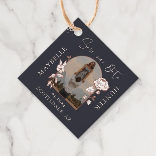 Modern Boho Floral Rose Photo Arch Navy Favour Tags