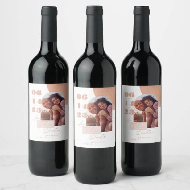 Modern Bold Print Pink Couples Photo Save the Date Wine Label