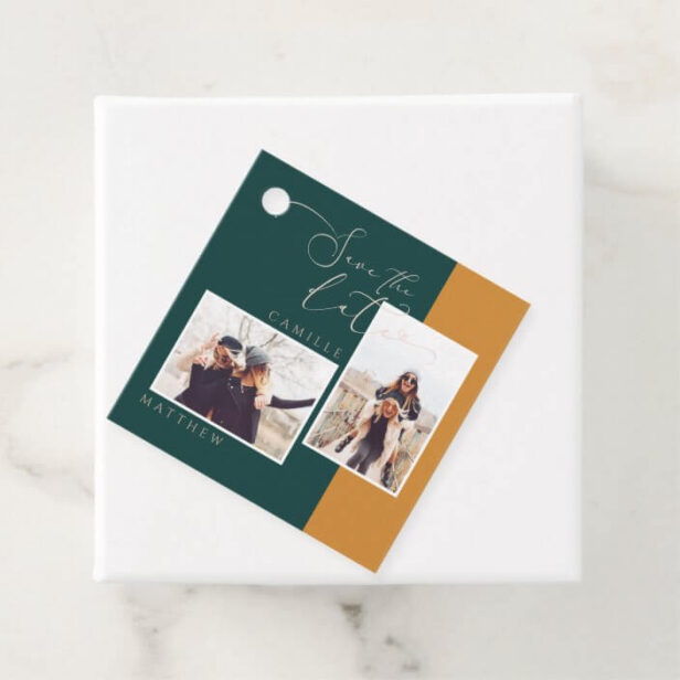 Modern, Gold & Teal Two Tone 2 Photo Save The Date Favor Tags