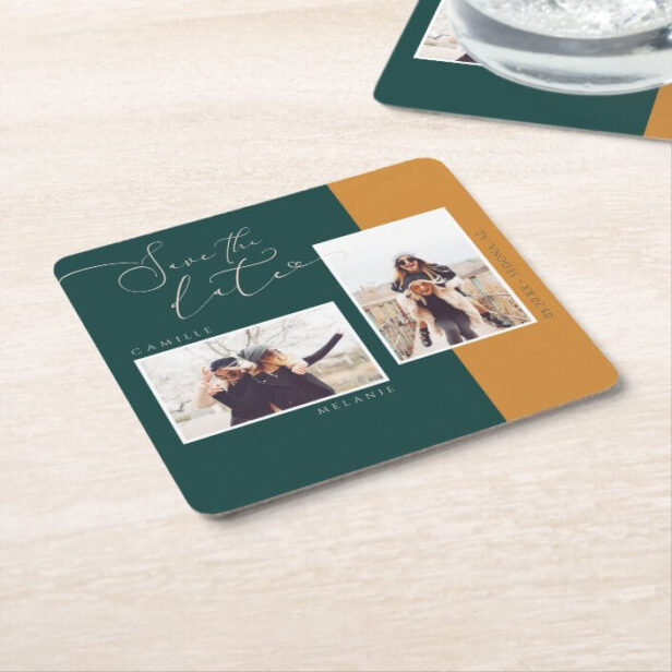 Modern, Gold & Teal Two Tone 2 Photo Save The Date Square Paper Coaster