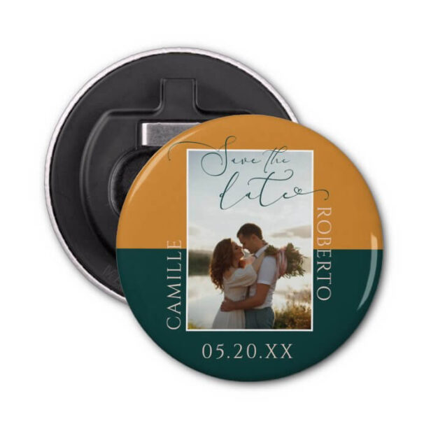 Modern Gold & Teal Two Tone Photo Save The Date Bottle Opener