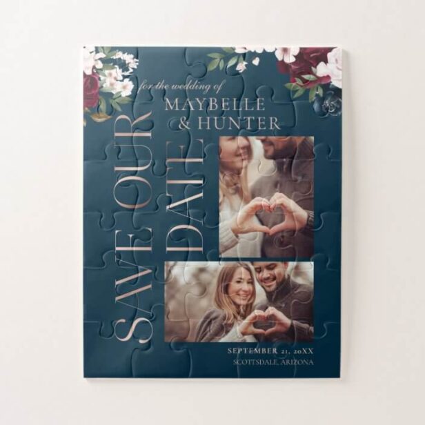 Navy & Burgundy Florals Photo Save Our Date Jigsaw Puzzle