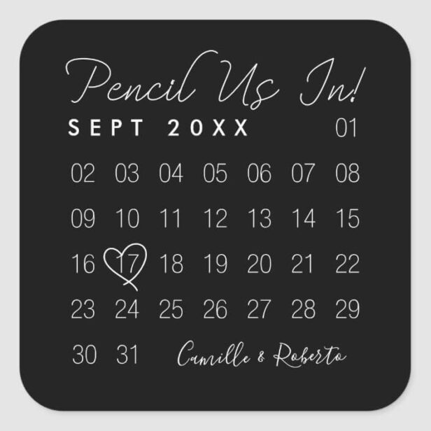 Pencil Us In Minimal Black Calendar Save The Date Square Sticker Black