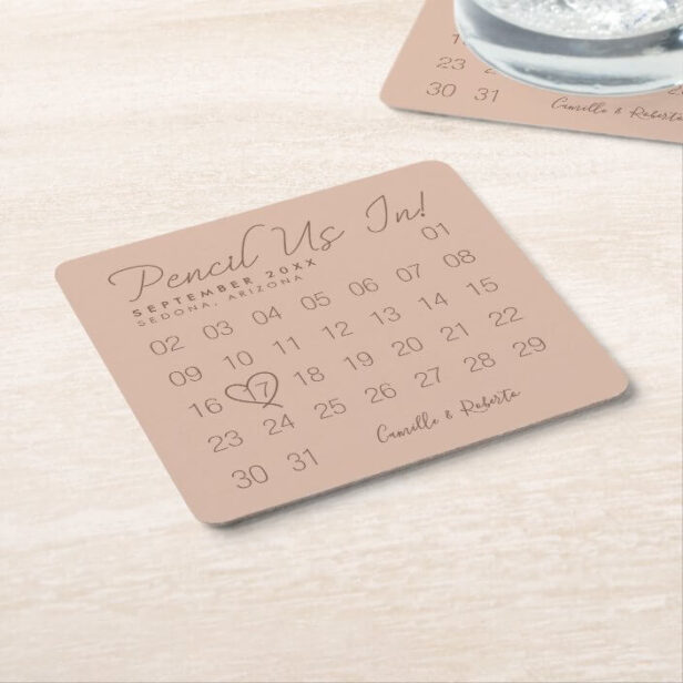 Pencil Us In Minimal Mauve Calendar Save The Date Square Paper Coaster