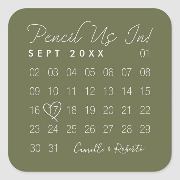 Pencil Us In Minimal Green Calendar Save The Date Square Sticker