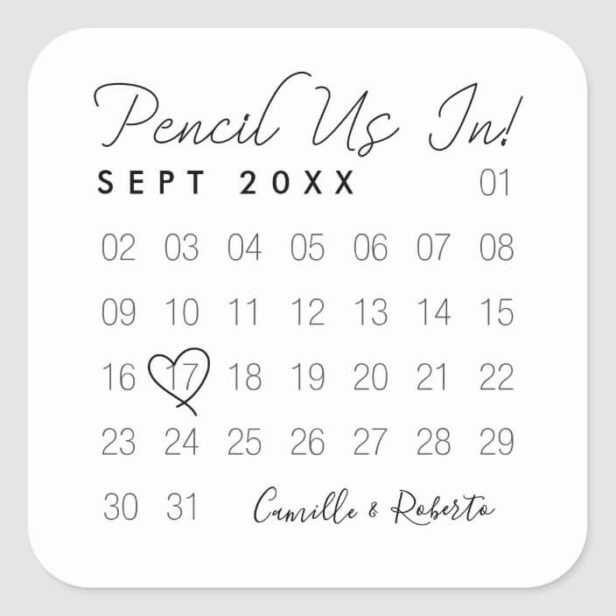 Pencil Us In Minimal White Calendar Save The Date Square Sticker