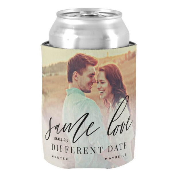 Same Love Different Date Calligraphy Wedding Photo Can Cooler
