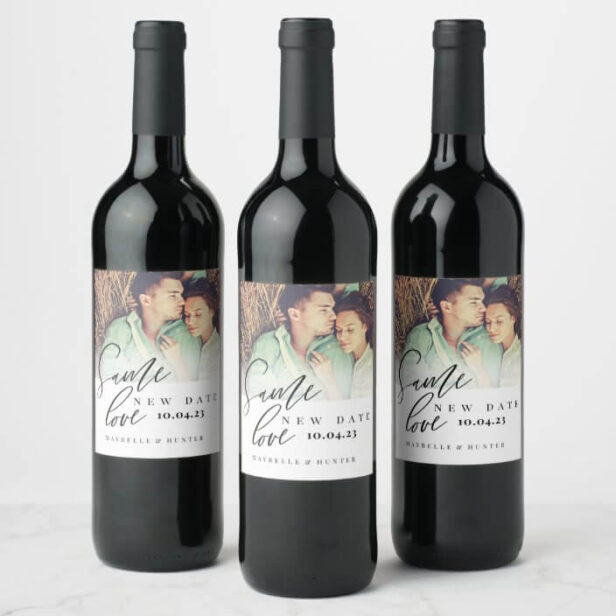 Same Love New Wedding Date Calligraphy & Photo Wine Label
