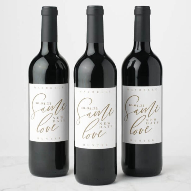 Same Love New Wedding Date Elegant Calligraphy White Wine Label