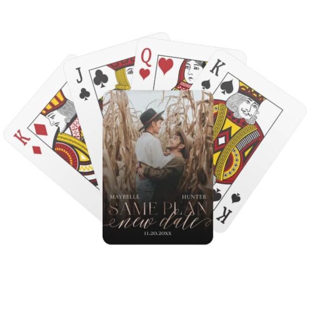 Same Plan New Date Black & Rose Gold Couple Photo Playing Cards