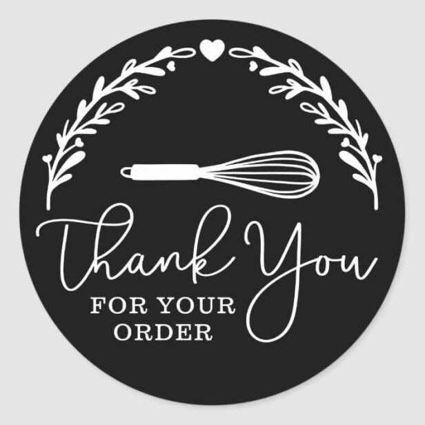 Thank You For Your Order Bakery Whisk & Wreath Cla Classic Round Sticker Black