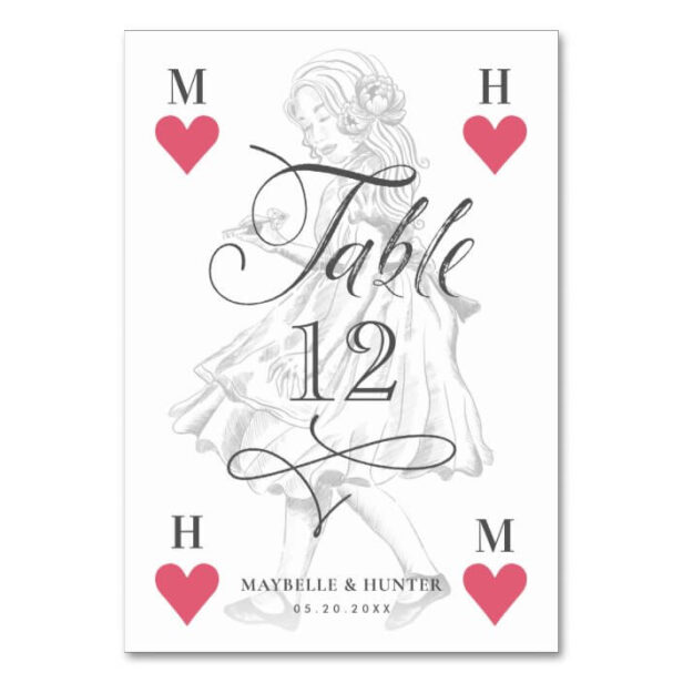 Vintage Alice in Wonderland Heart Sketch Playing Card Wedding Table Number