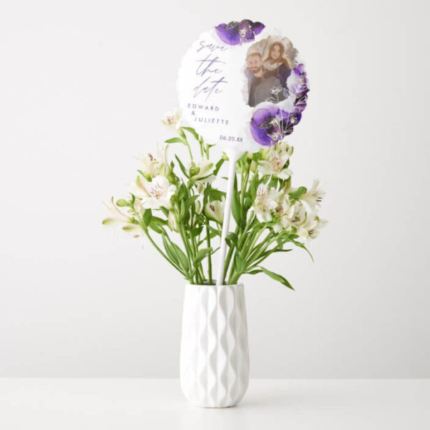 Violet Watercolor Agate Floral Photo Save The Date Balloon