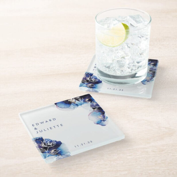 Watercolor Navy Ink Metallic Floral Save the Date Glass Coaster