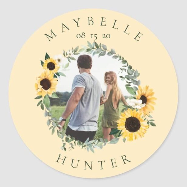 Watercolor Sunflower Photo Wreath Save The Dates Classic Round Sticker