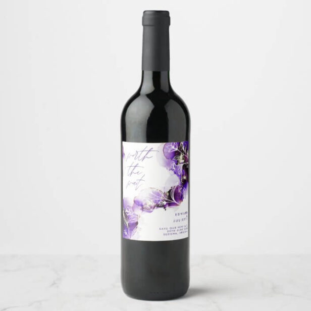 Worth The Wait Watercolor Agate Violet Ink Floral Save The Date Wine Label