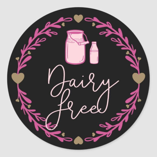 Bakery Dairy Free Milk Jug & Wreath Pink & Black Classic Round Sticker