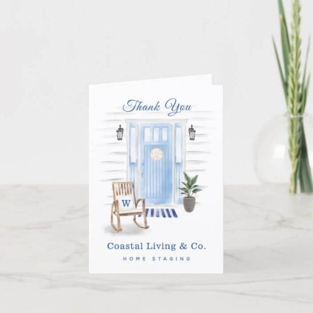 Coastal Chic Beachy Watercolor Blue Front Door Thank You Card