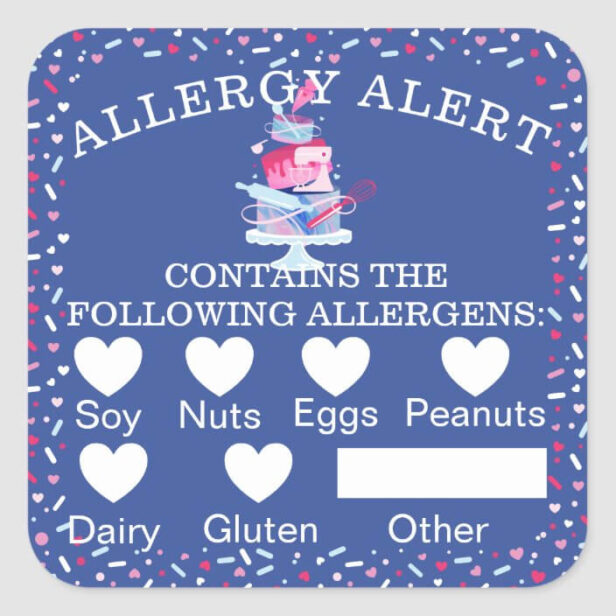 Food Safety Allergy Alert Fun Bakery Cake & Tools Blue Square Sticker