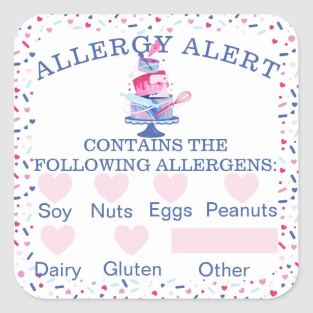 Food Safety Allergy Alert Fun Bakery Cake & Tools White Square Sticker
