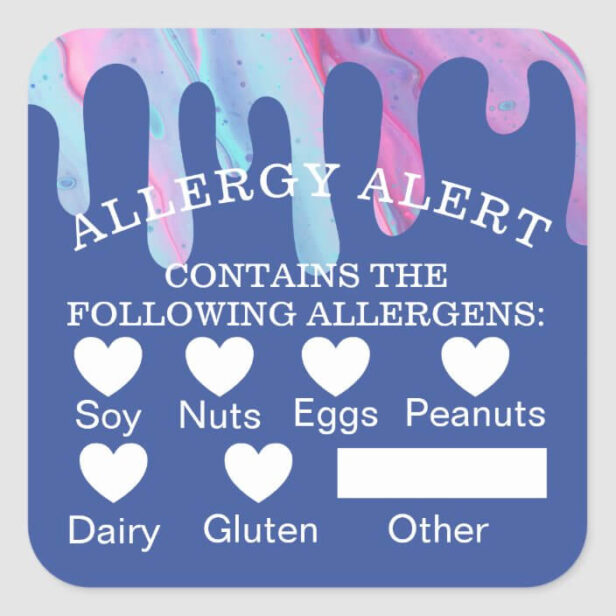 Food Safety Allergy Alert Pink Mirror Glaze Drip Square Blue Sticker