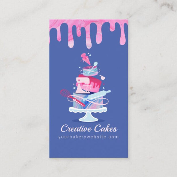 Fun Colorful Pastry Cakes Bakery & Tools Pink Drip Blue Business Card