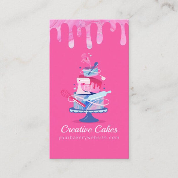Fun Colorful Pastry Cakes Bakery & Tools Pink Drip Business Card PInk