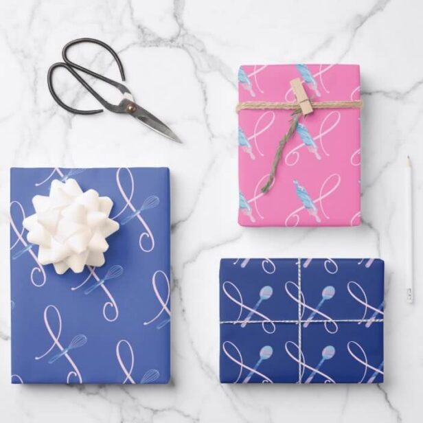 Fun Pink & Blue Baking Whisk, Rolling Pin & Spoon Wrapping Paper Sheets