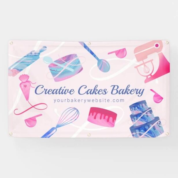 Fun Pink Blue Marble Bakery Cakes Tools & Utensils Banner